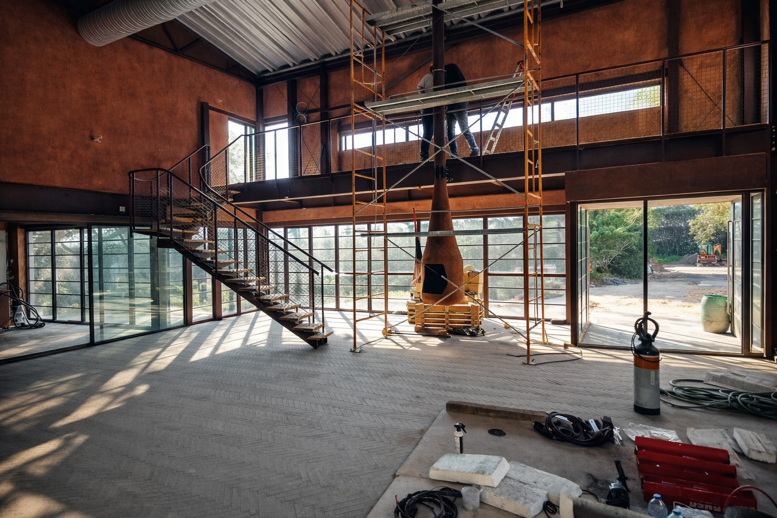 Installation process of suspended steel fireplace with scaffolding, Project Outeiro, CAS Studio