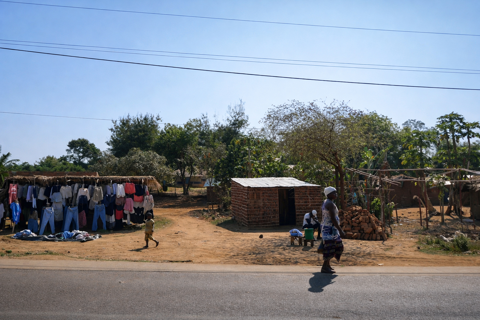 Rural settlement with brick buildings, people and daily activity in Gorongosa
