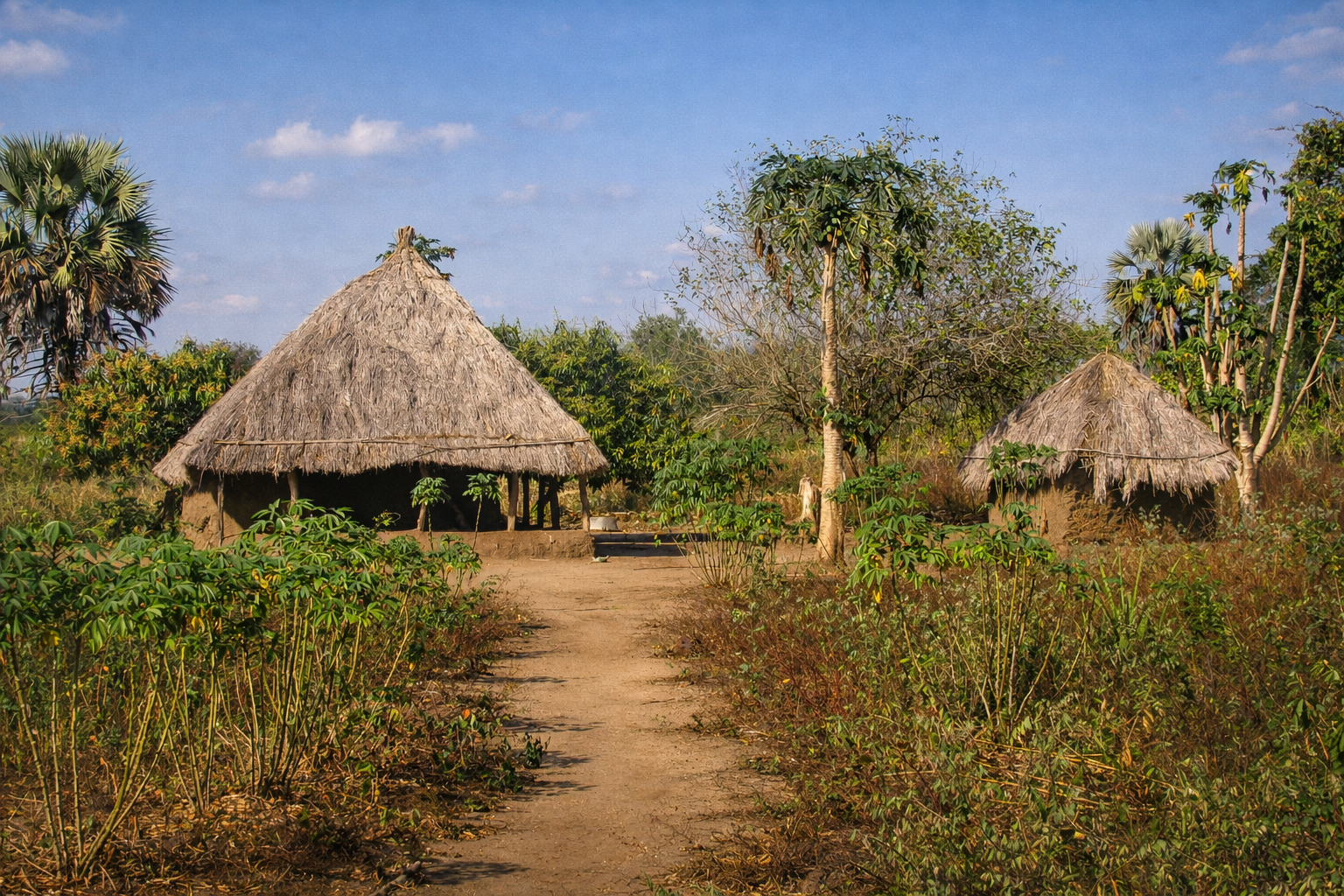 Earthen huts with thatched roofs surrounded by vegetation in Gorongosa