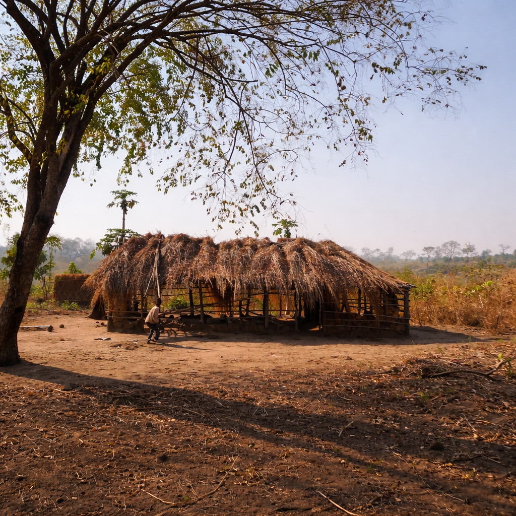 Educational shelter made of wood and thatch in Gorongosa landscape
