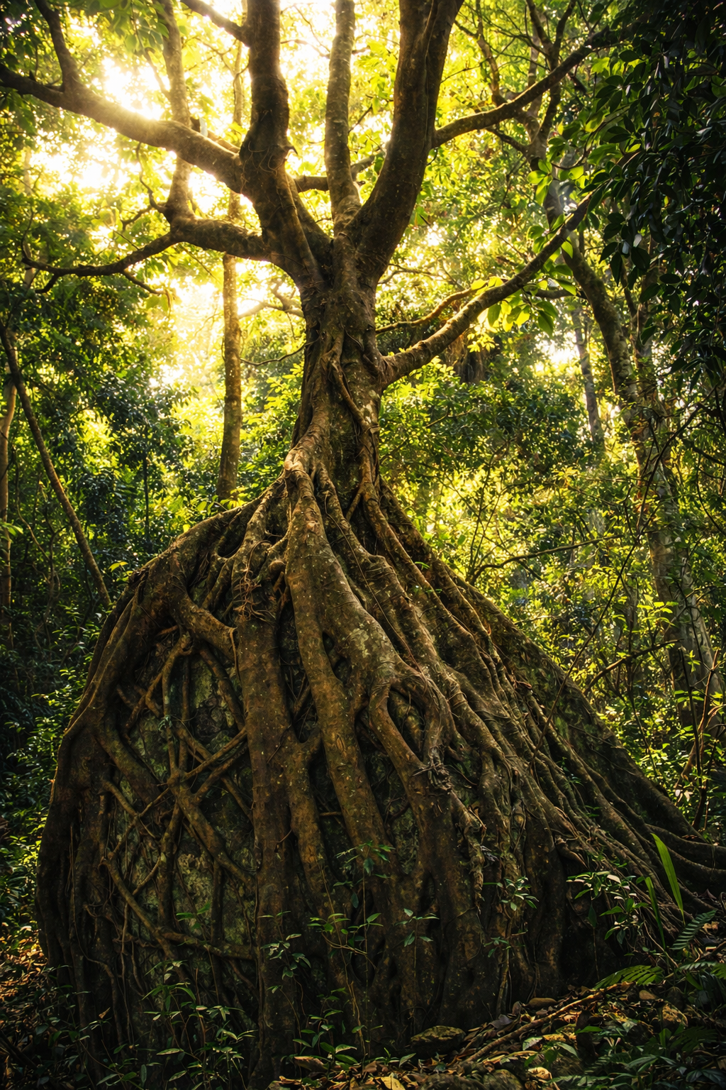 Tree with exposed roots in the forest of Penhalonga, Manica Highlands, Mozambique