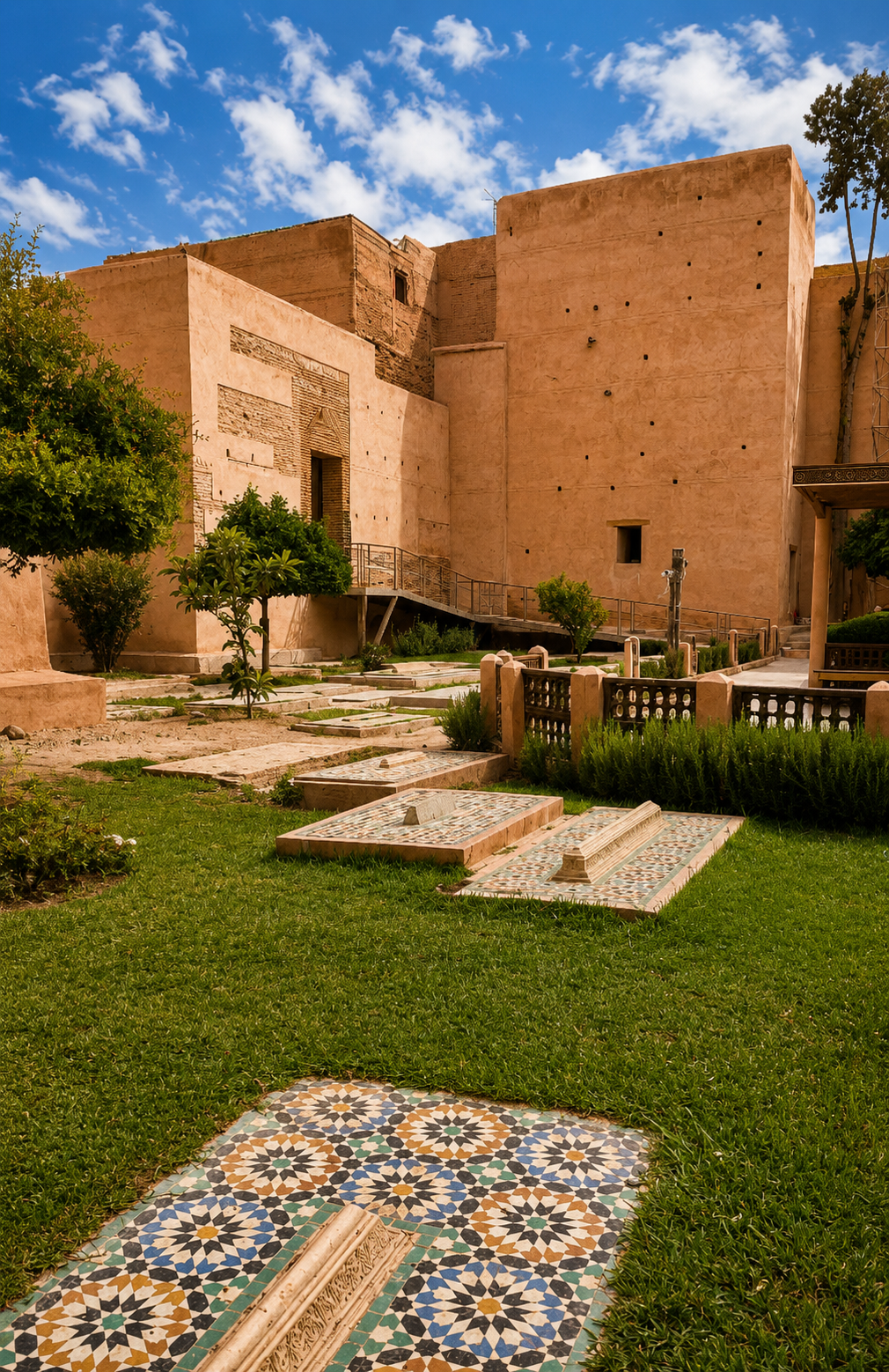 Restored earthen architecture at the Saadian Tombs in Marrakech, Morocco, combining lime finishes, geometric ornament and courtyard landscape.