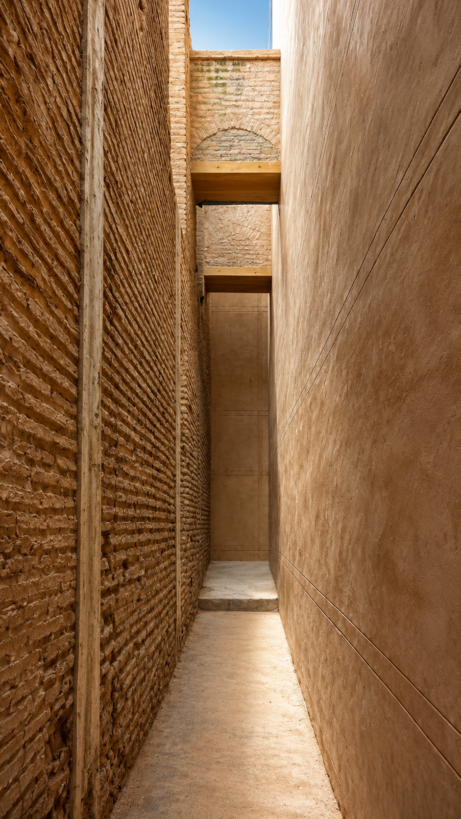 Narrow passage at the Saadian Tombs in Marrakech, Morocco, showing earthen walls, carved timber screens and filtered natural light.