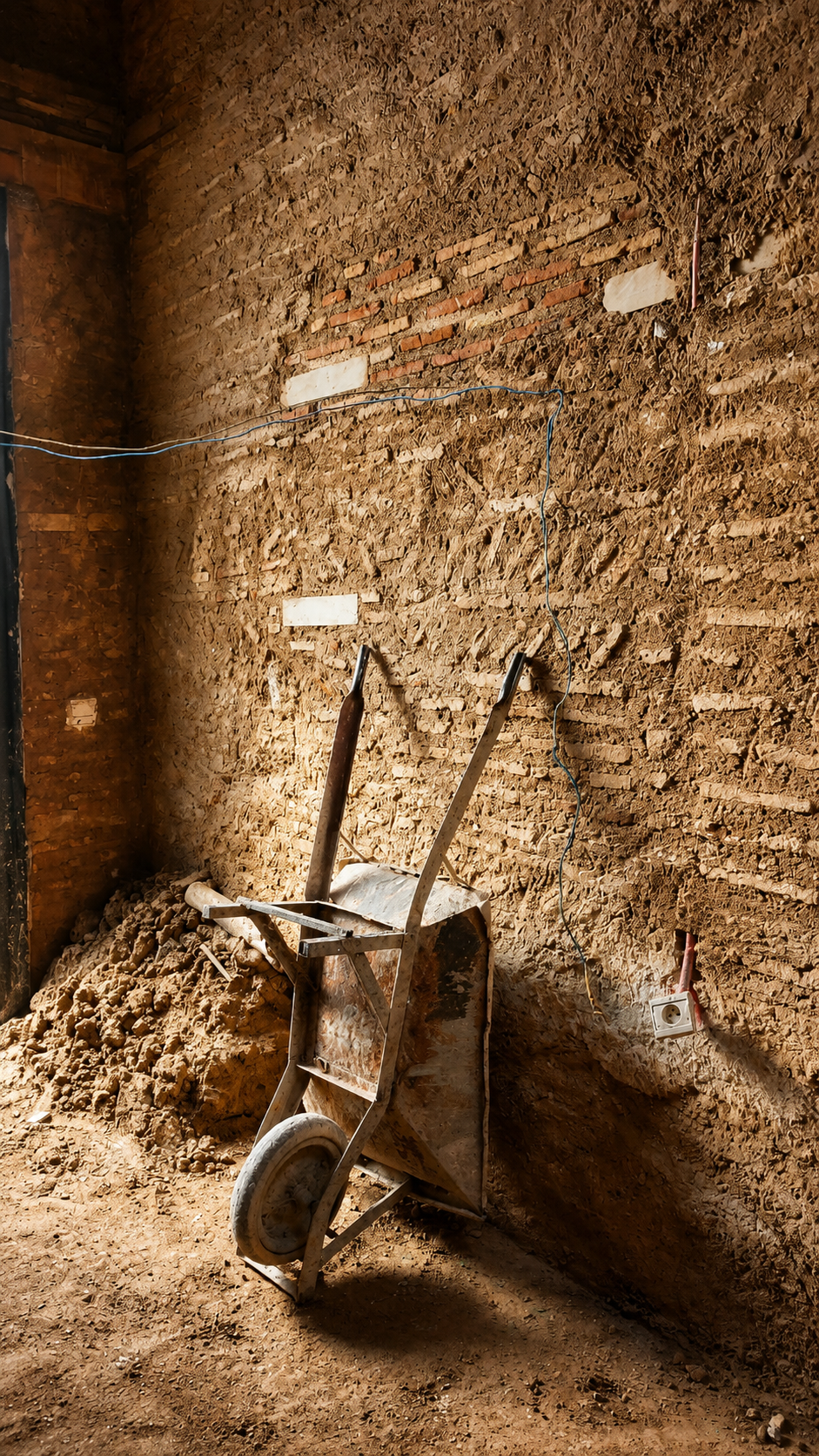 Traditional earth wall under restoration at Palais Bahia, Marrakech, showing historic construction techniques and craftsmanship.