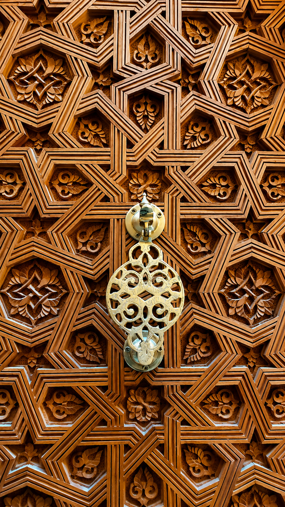 Carved cedar door with geometric patterns and brass handle in a traditional riad, Marrakech.